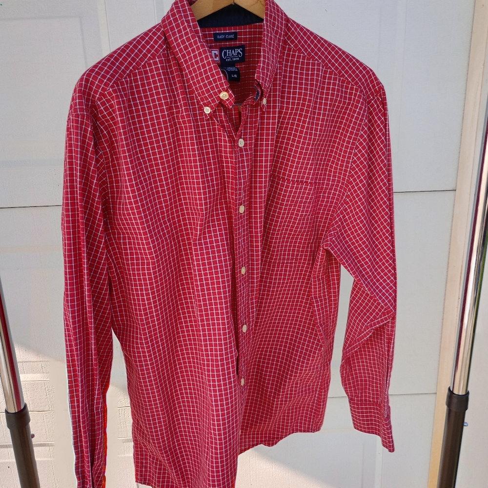 Chaps Red Casual Button Down Shirt with Gingham Pattern